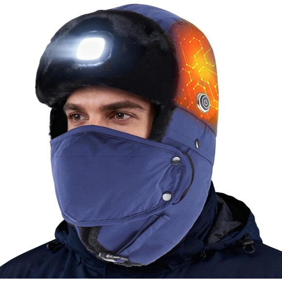 Other - Men Navy Blue Heated Trapper Hat Faux Fur Ushanka with Rechargeable LED Light